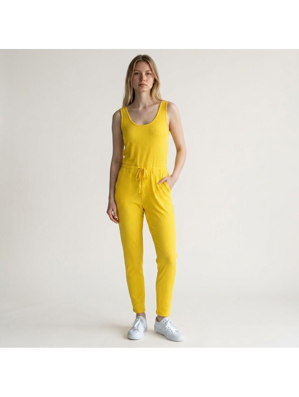 New Capella Jumpsuit Women M Medium Yellow Sleeveless Stretch Pockets Casual